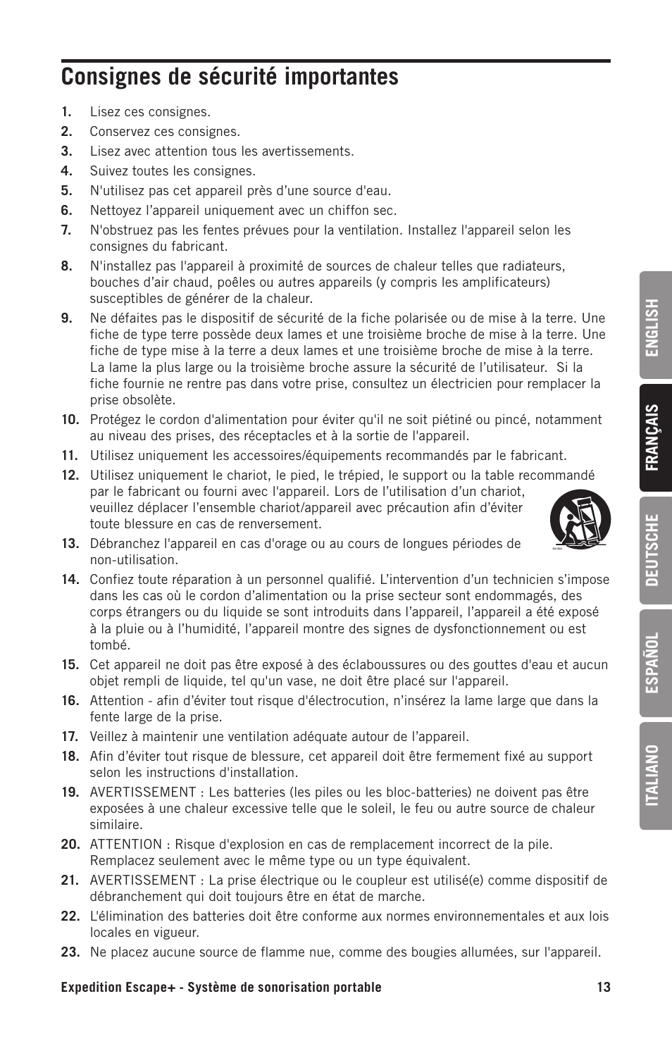 Consignes de sécurité importantes | Samson Expedition Escape+ 6" 2-Way 50W Portable PA System User Manual | Page 13 / 52