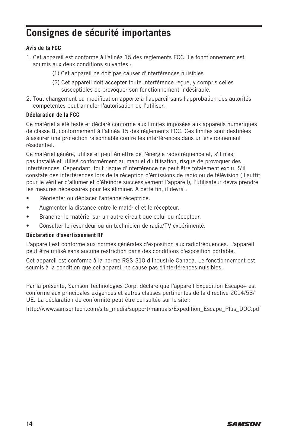 Consignes de sécurité importantes | Samson Expedition Escape+ 6" 2-Way 50W Portable PA System User Manual | Page 14 / 52