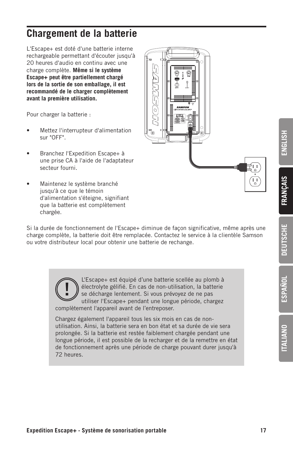 Chargement de la batterie | Samson Expedition Escape+ 6" 2-Way 50W Portable PA System User Manual | Page 17 / 52