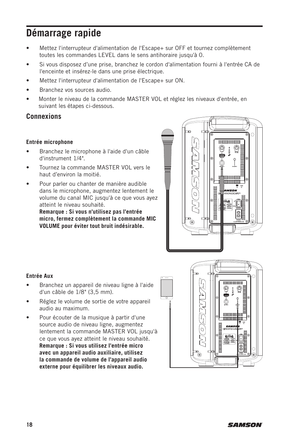 Démarrage rapide, Connexions | Samson Expedition Escape+ 6" 2-Way 50W Portable PA System User Manual | Page 18 / 52