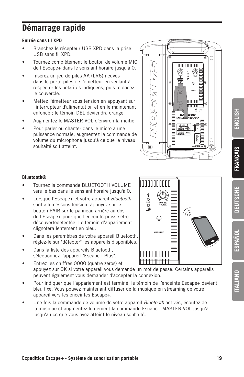 Démarrage rapide | Samson Expedition Escape+ 6" 2-Way 50W Portable PA System User Manual | Page 19 / 52