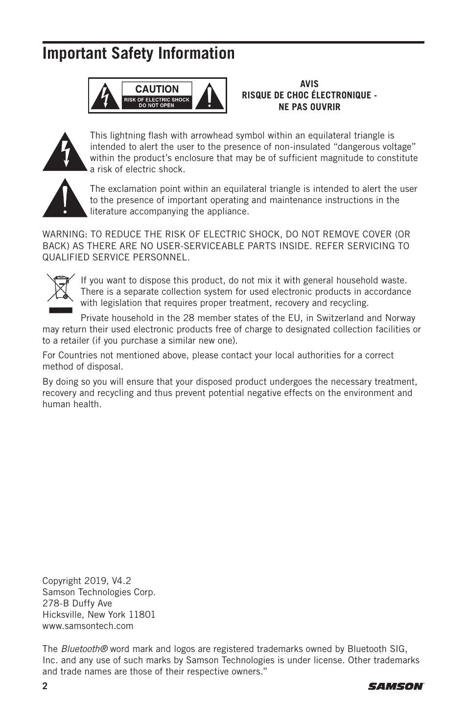 Important safety information | Samson Expedition Escape+ 6" 2-Way 50W Portable PA System User Manual | Page 2 / 52