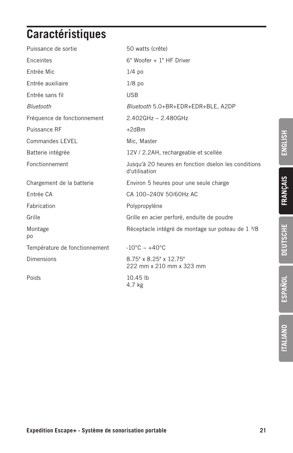 Caractéristiques | Samson Expedition Escape+ 6" 2-Way 50W Portable PA System User Manual | Page 21 / 52