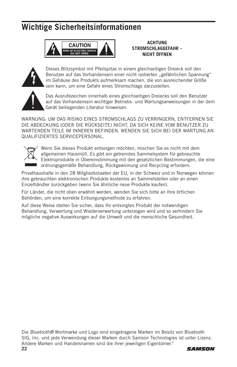 Wichtige sicherheitsinformationen | Samson Expedition Escape+ 6" 2-Way 50W Portable PA System User Manual | Page 22 / 52