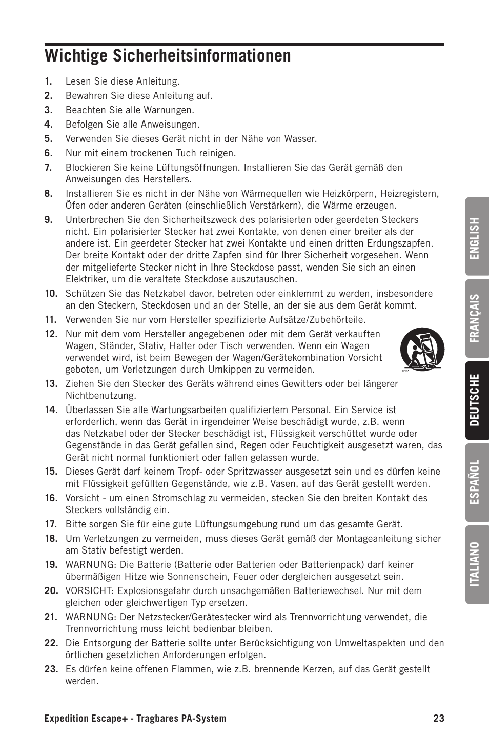 Wichtige sicherheitsinformationen | Samson Expedition Escape+ 6" 2-Way 50W Portable PA System User Manual | Page 23 / 52