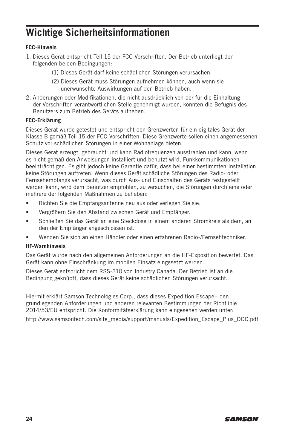 Wichtige sicherheitsinformationen | Samson Expedition Escape+ 6" 2-Way 50W Portable PA System User Manual | Page 24 / 52