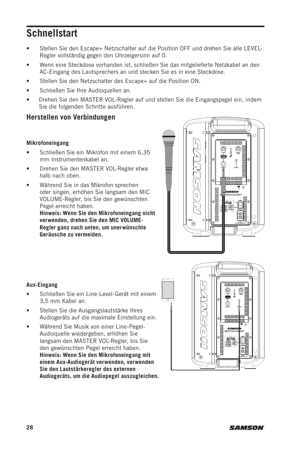 Schnellstart, Herstellen von verbindungen | Samson Expedition Escape+ 6" 2-Way 50W Portable PA System User Manual | Page 28 / 52