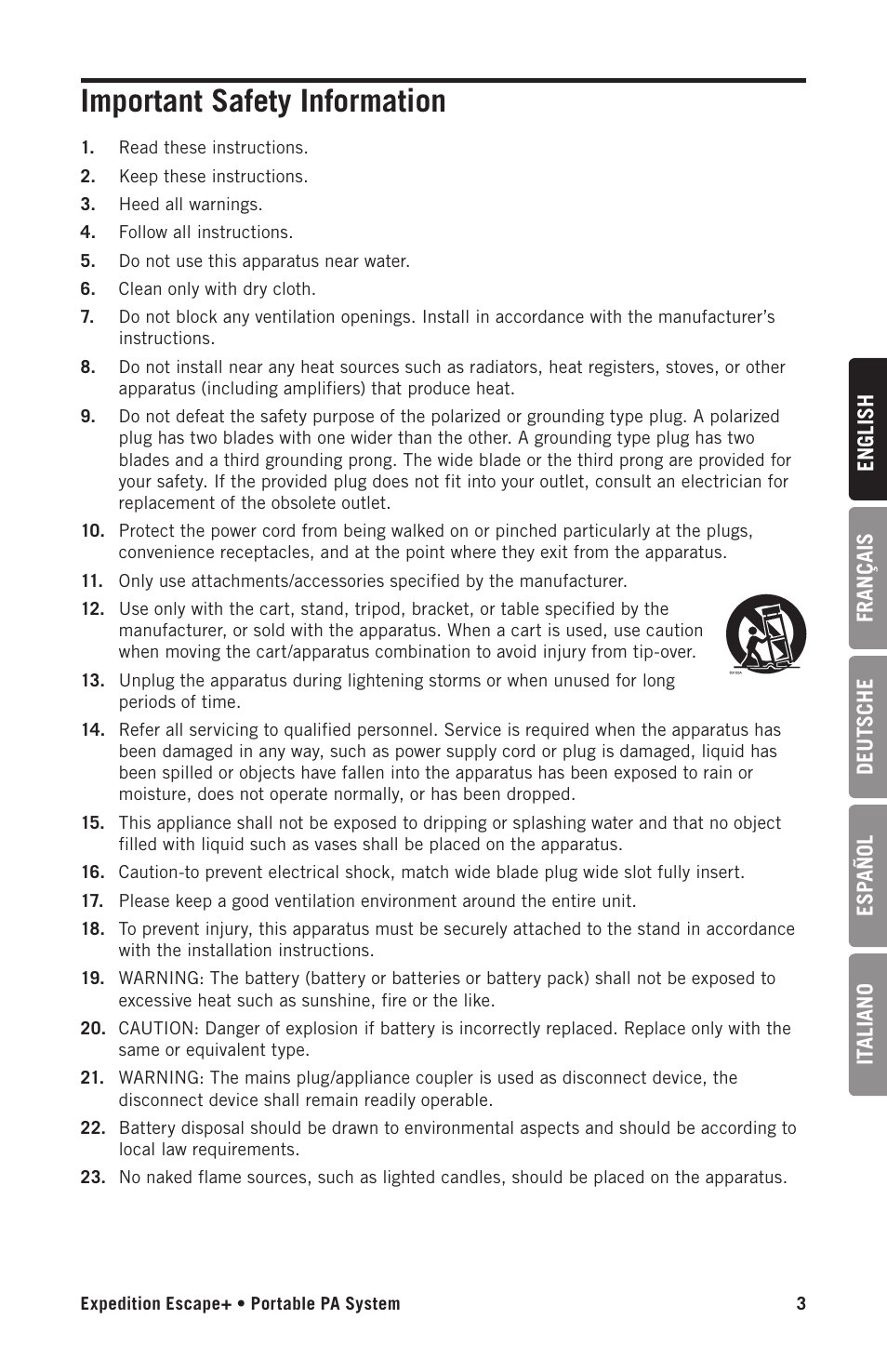 Important safety information | Samson Expedition Escape+ 6" 2-Way 50W Portable PA System User Manual | Page 3 / 52