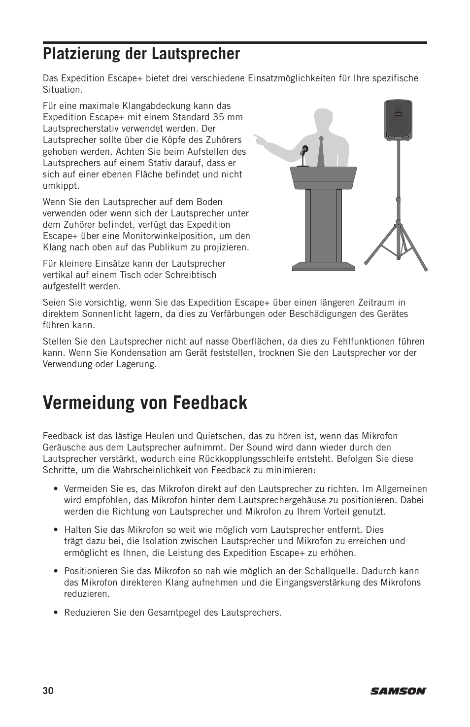 Vermeidung von feedback, Platzierung der lautsprecher | Samson Expedition Escape+ 6" 2-Way 50W Portable PA System User Manual | Page 30 / 52