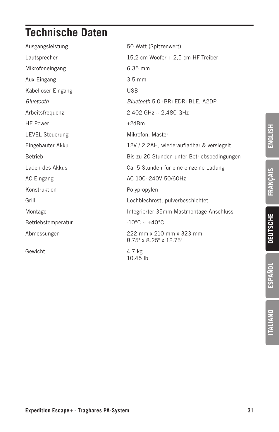 Technische daten | Samson Expedition Escape+ 6" 2-Way 50W Portable PA System User Manual | Page 31 / 52