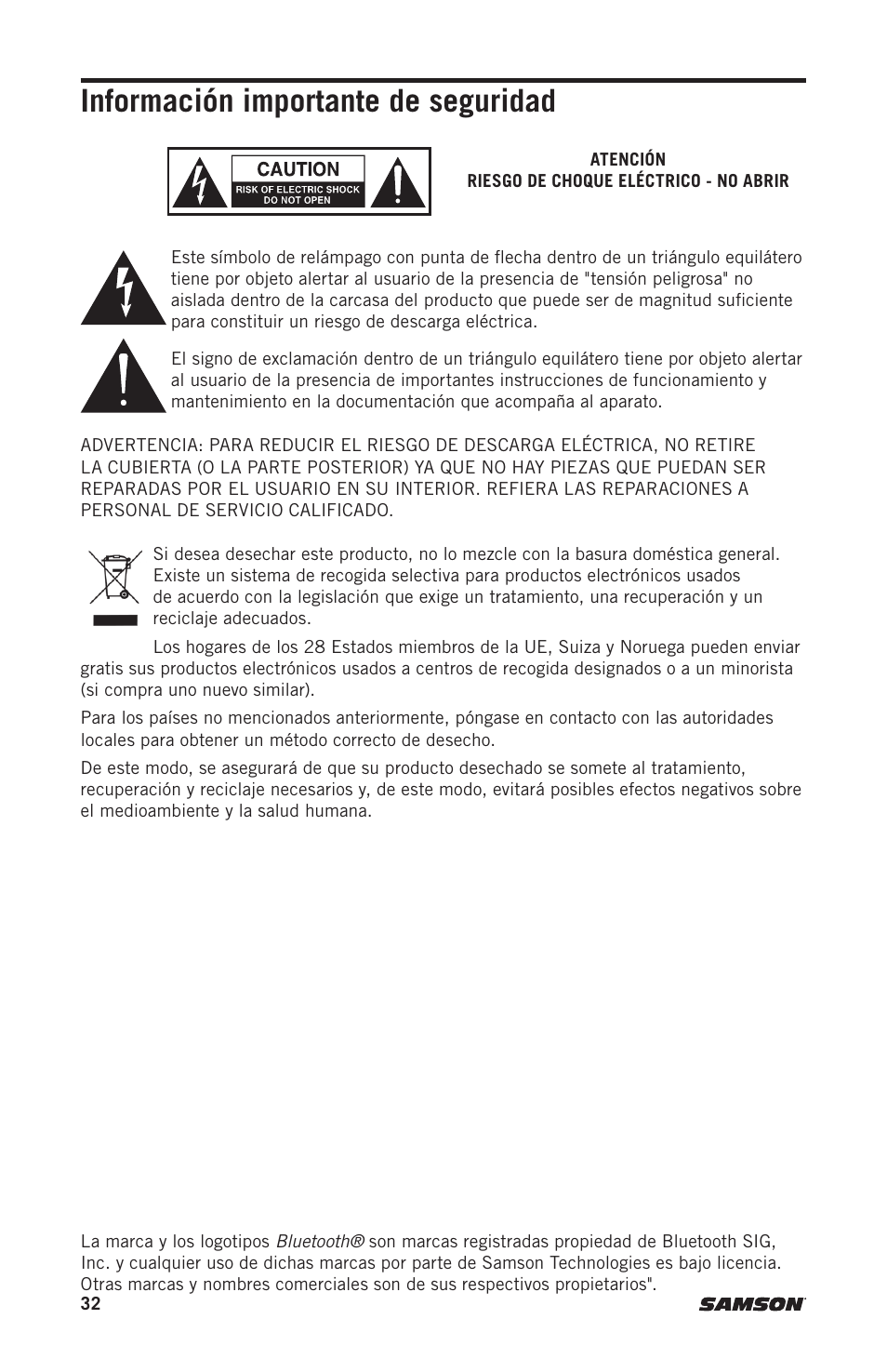 Información importante de seguridad | Samson Expedition Escape+ 6" 2-Way 50W Portable PA System User Manual | Page 32 / 52