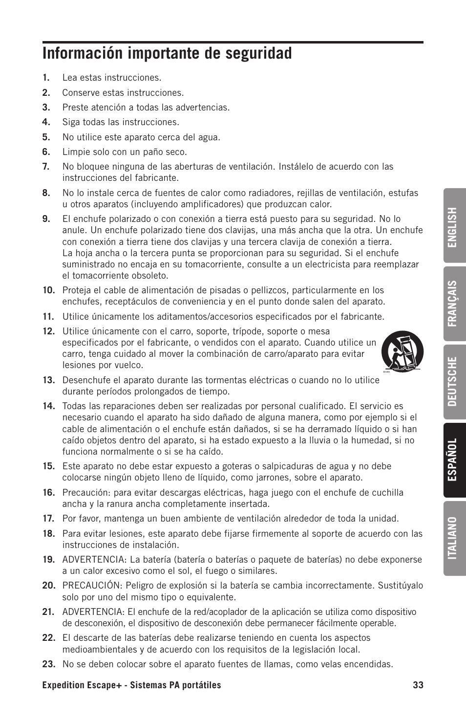 Información importante de seguridad | Samson Expedition Escape+ 6" 2-Way 50W Portable PA System User Manual | Page 33 / 52