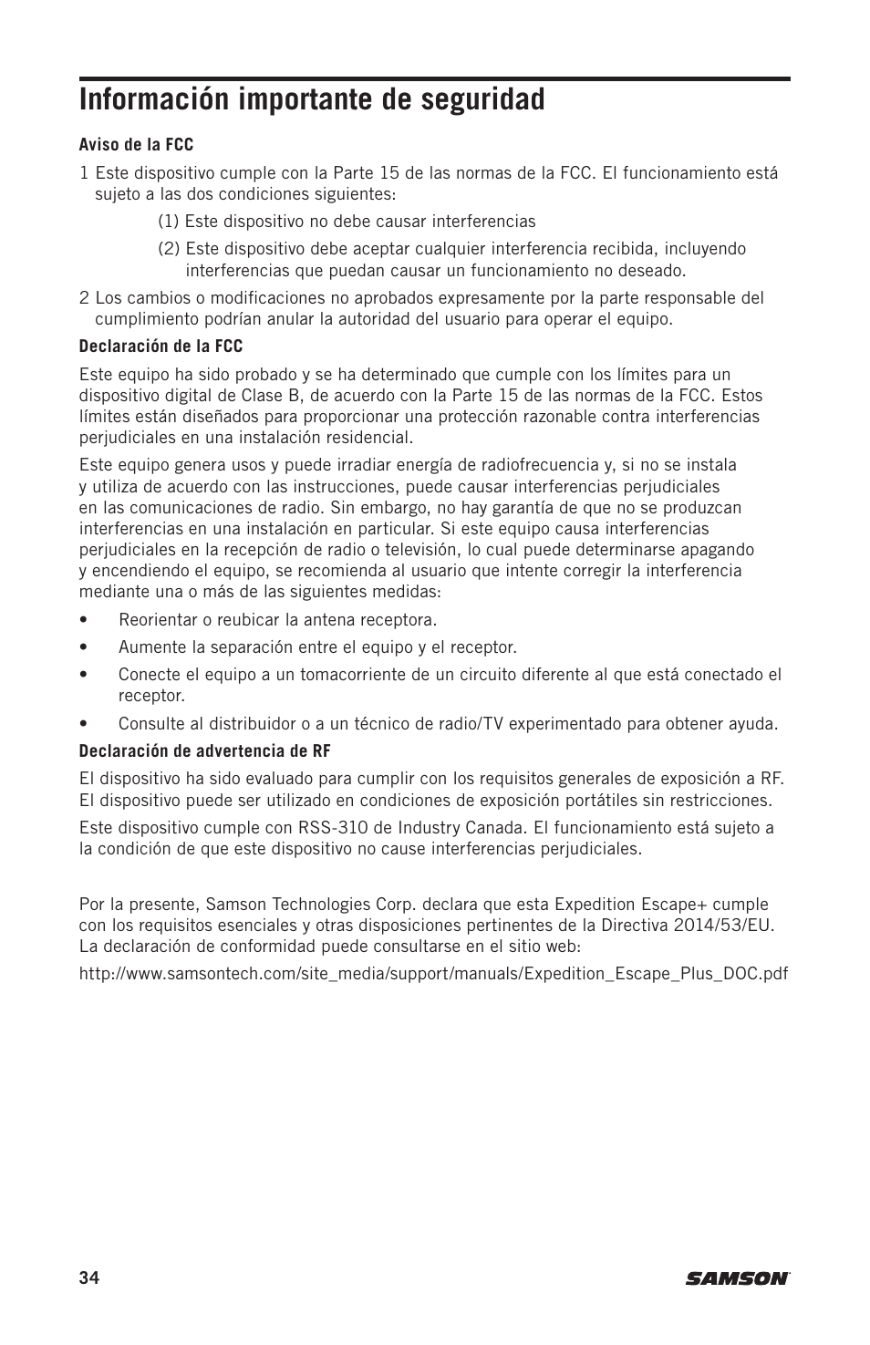 Información importante de seguridad | Samson Expedition Escape+ 6" 2-Way 50W Portable PA System User Manual | Page 34 / 52