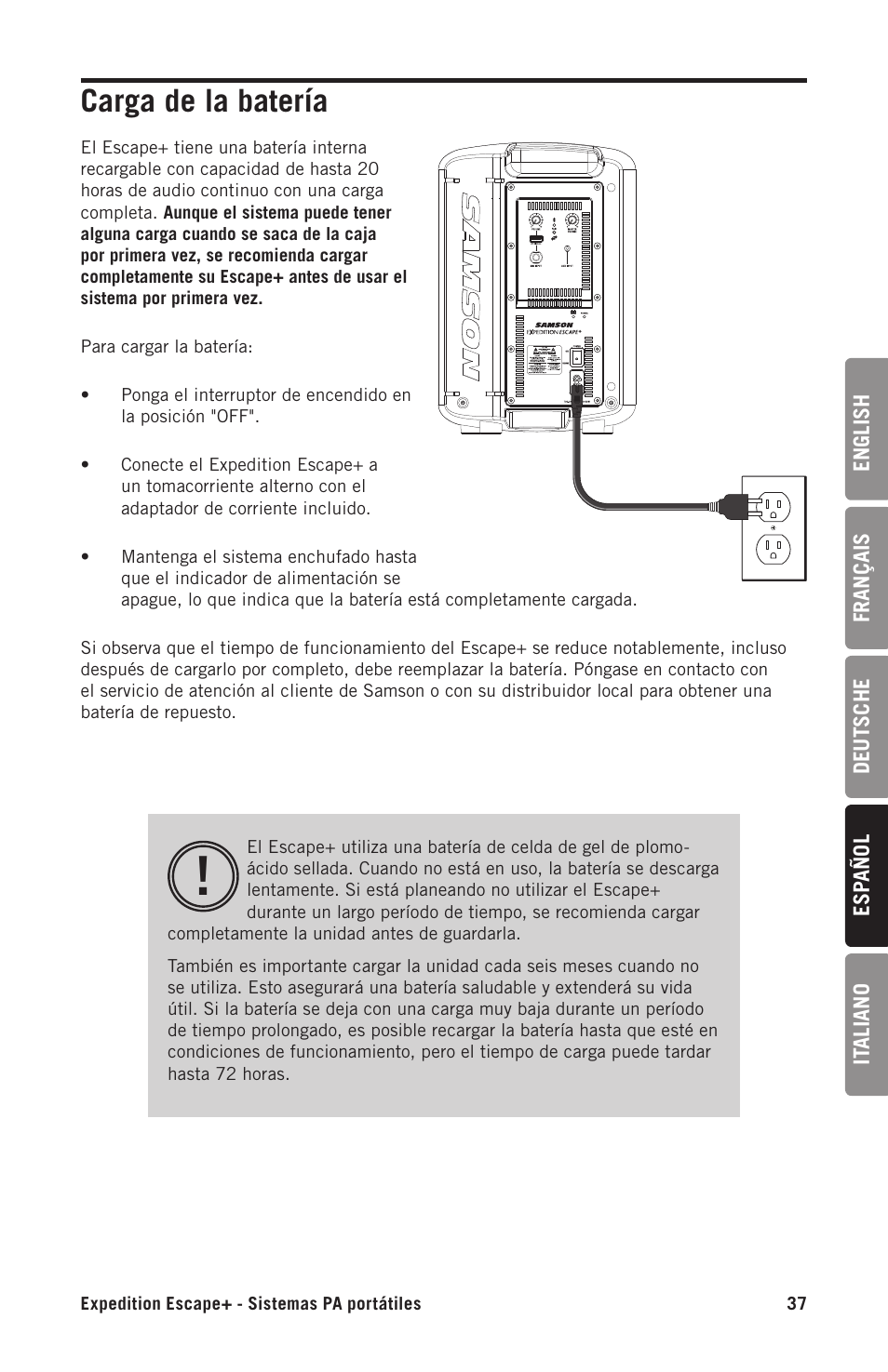 Carga de la batería | Samson Expedition Escape+ 6" 2-Way 50W Portable PA System User Manual | Page 37 / 52