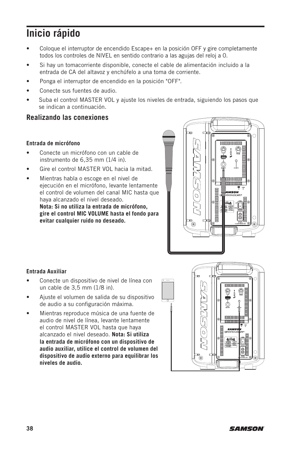 Inicio rápido, Realizando las conexiones | Samson Expedition Escape+ 6" 2-Way 50W Portable PA System User Manual | Page 38 / 52