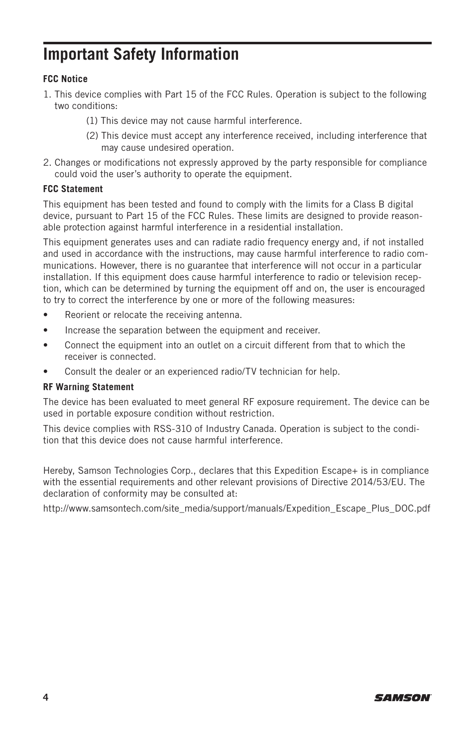 Important safety information | Samson Expedition Escape+ 6" 2-Way 50W Portable PA System User Manual | Page 4 / 52