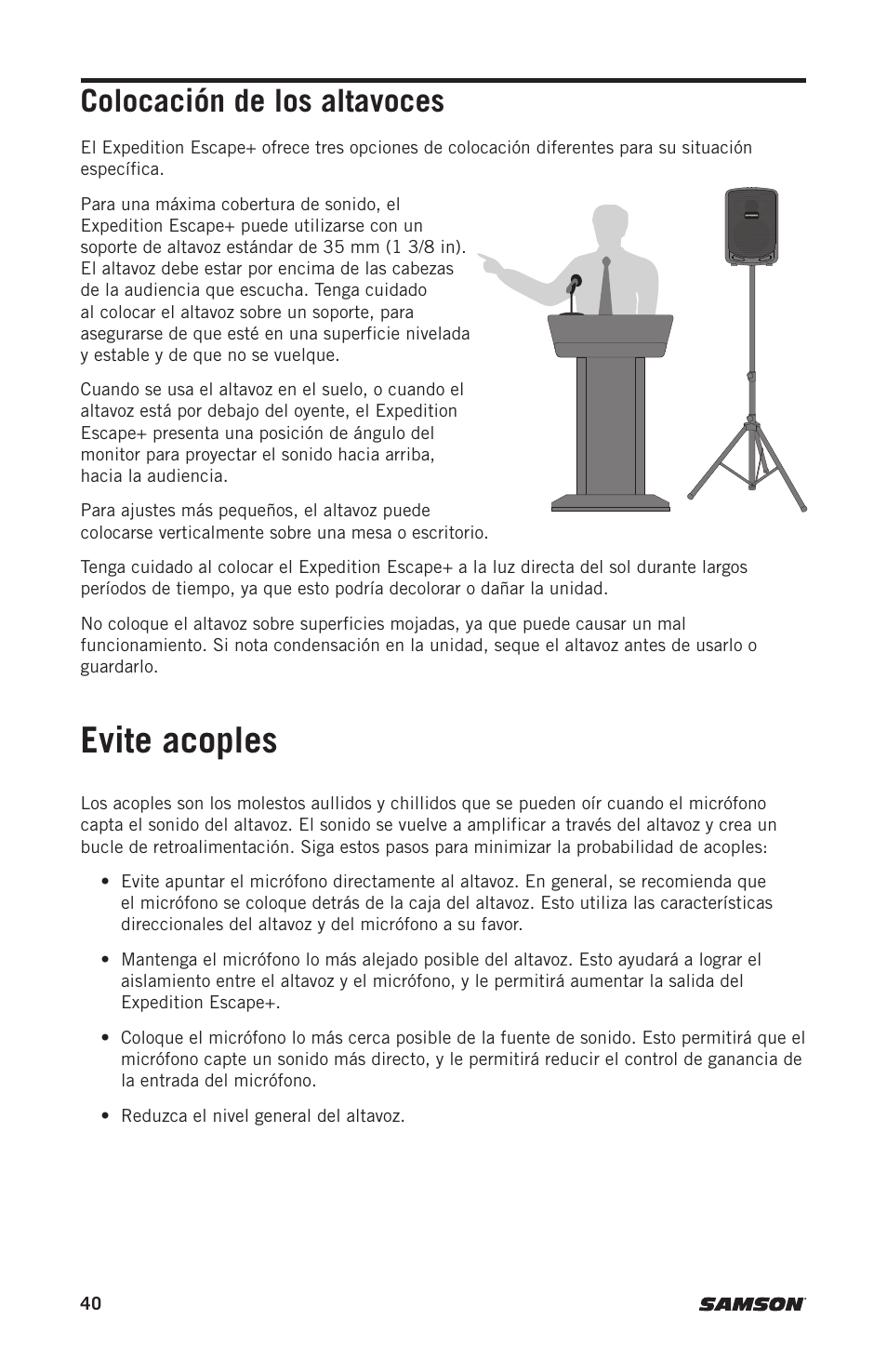 Evite acoples, Colocación de los altavoces | Samson Expedition Escape+ 6" 2-Way 50W Portable PA System User Manual | Page 40 / 52