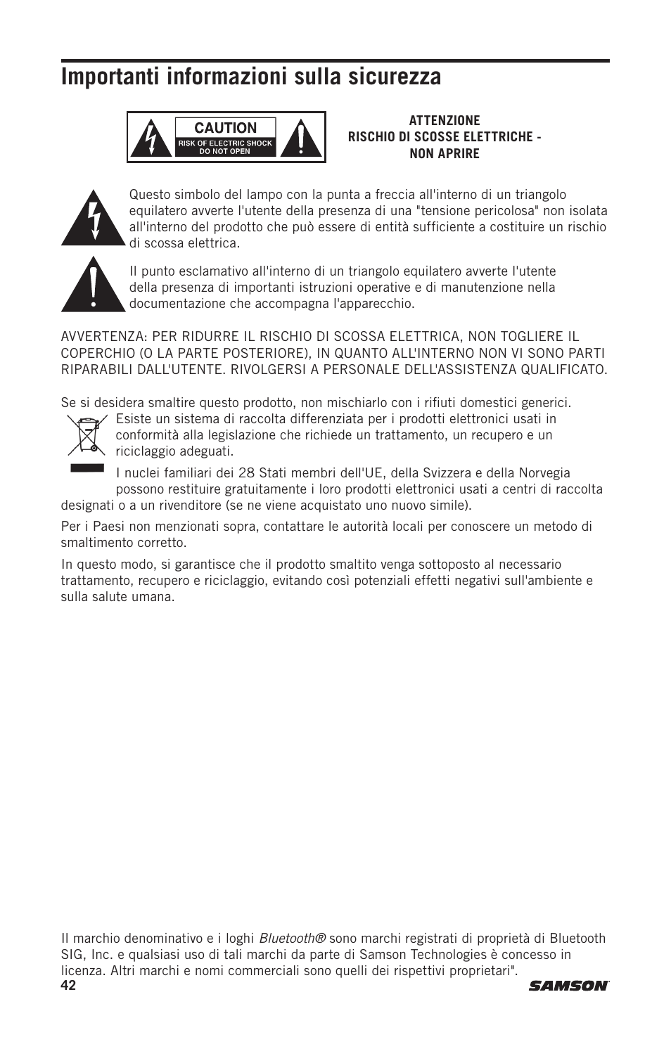 Importanti informazioni sulla sicurezza | Samson Expedition Escape+ 6" 2-Way 50W Portable PA System User Manual | Page 42 / 52