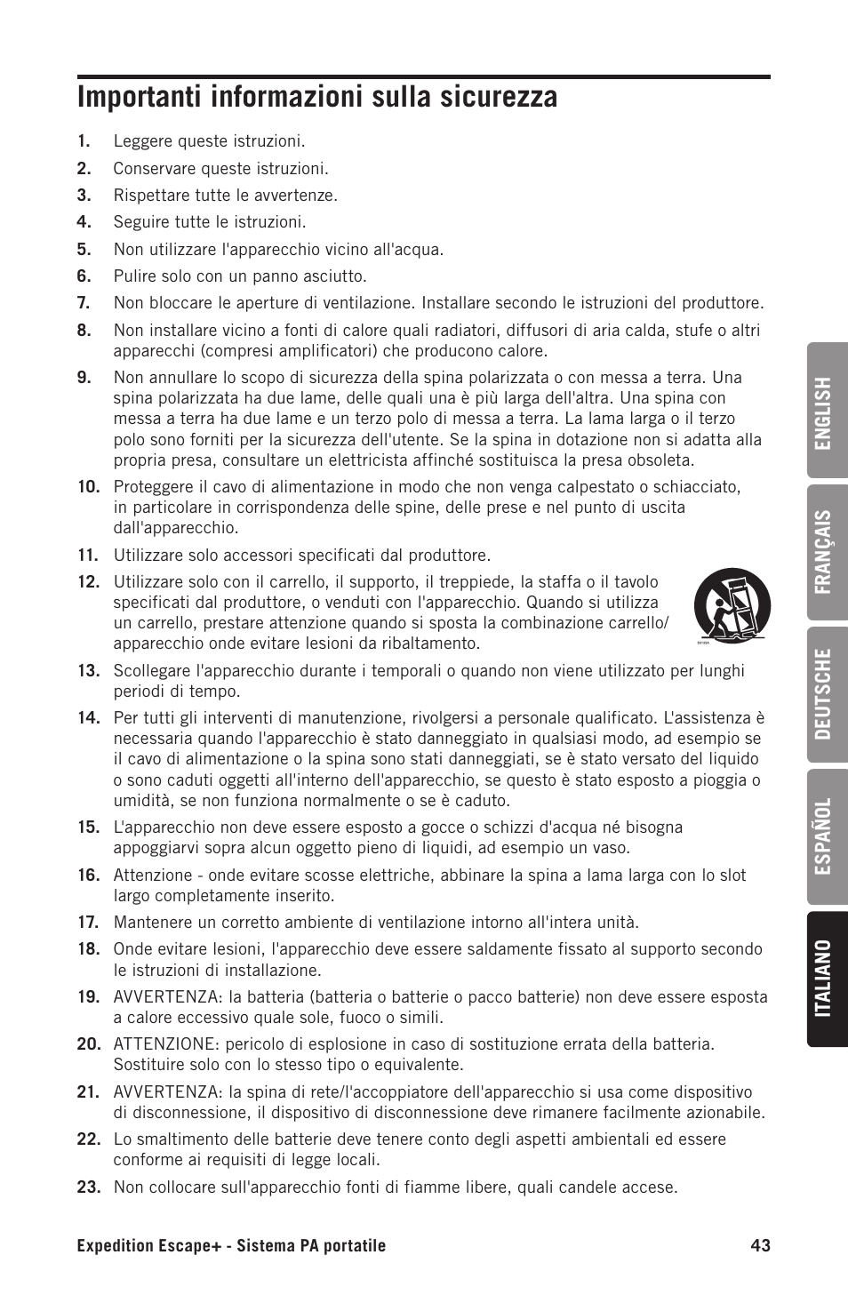 Importanti informazioni sulla sicurezza | Samson Expedition Escape+ 6" 2-Way 50W Portable PA System User Manual | Page 43 / 52