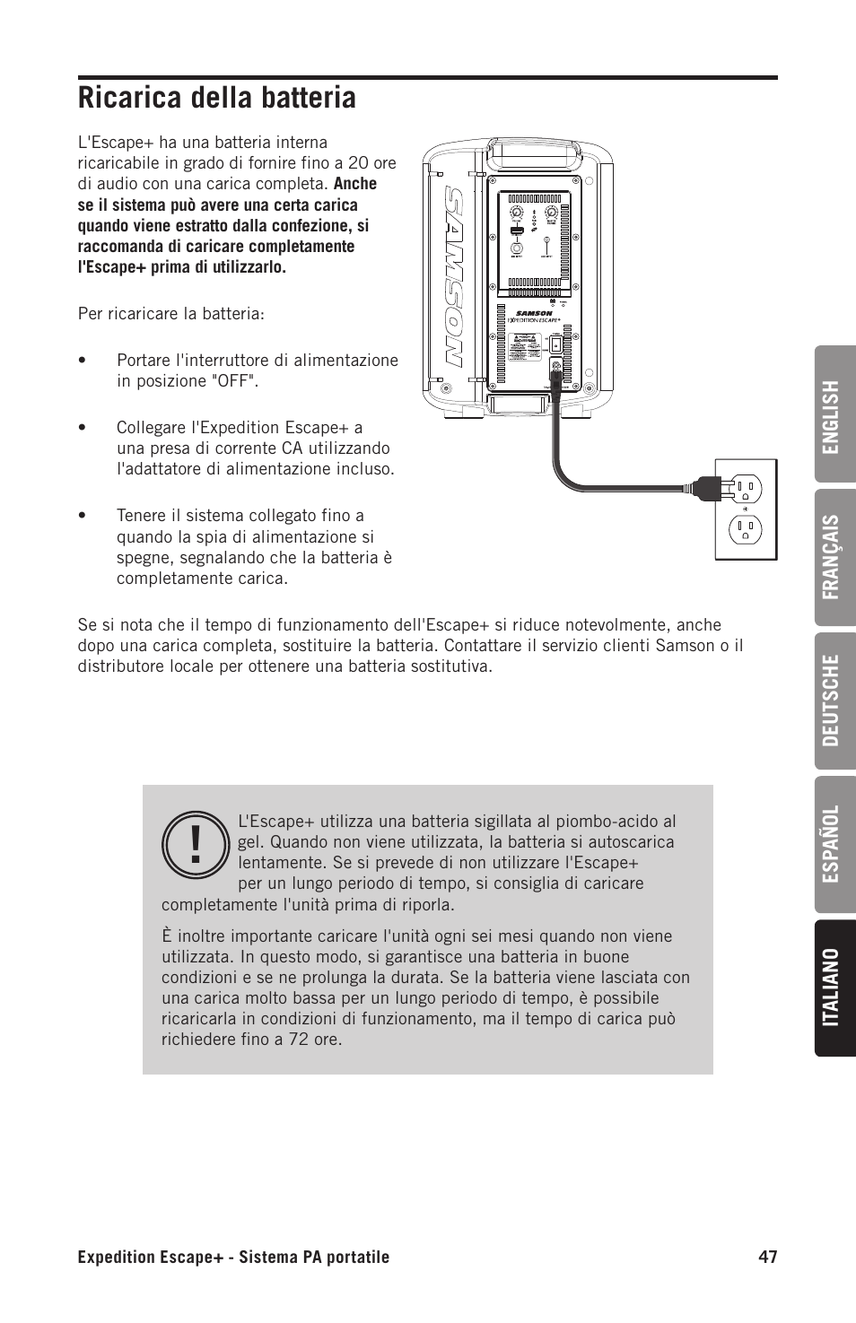 Ricarica della batteria | Samson Expedition Escape+ 6" 2-Way 50W Portable PA System User Manual | Page 47 / 52