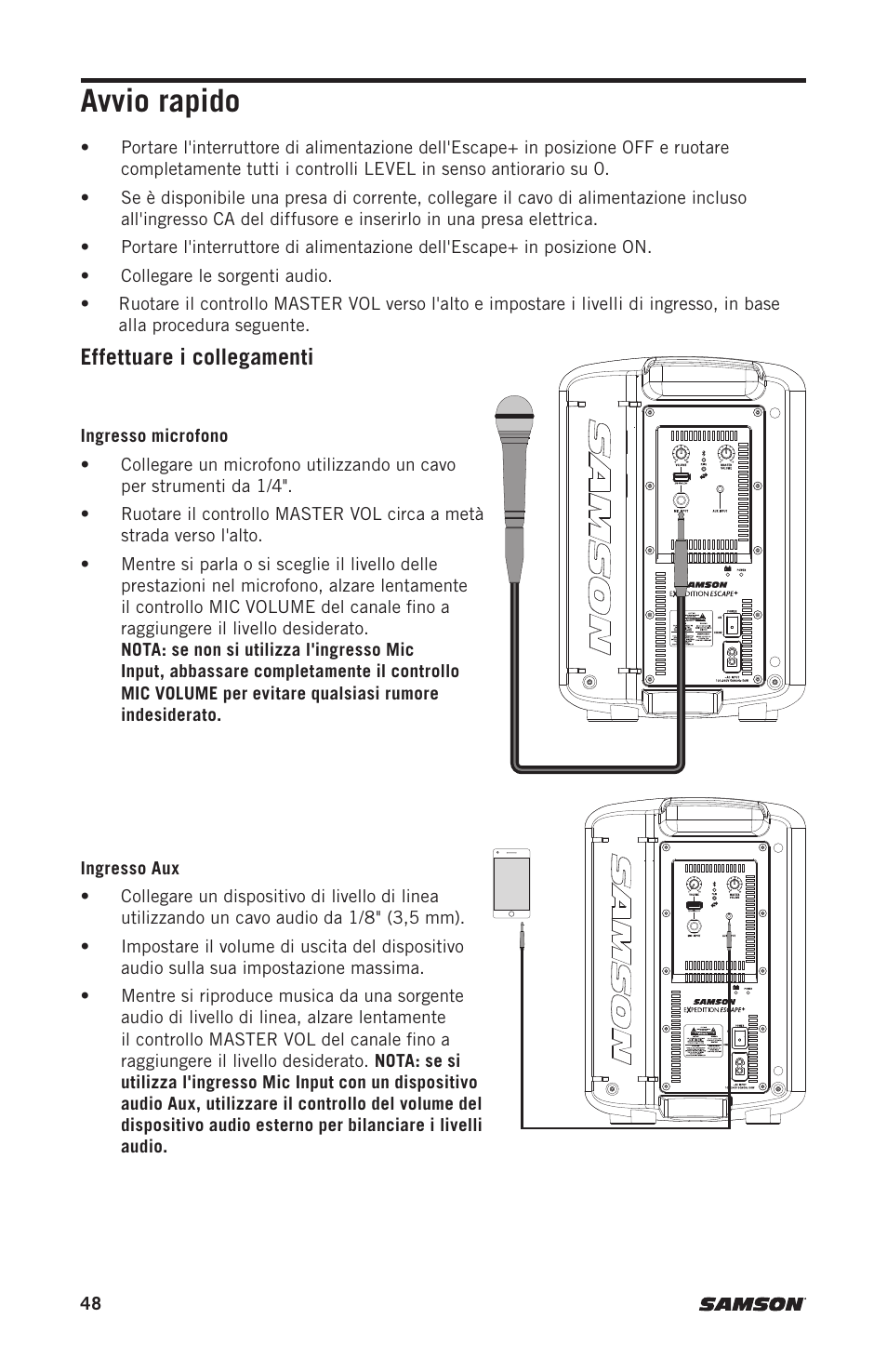 Avvio rapido, Effettuare i collegamenti | Samson Expedition Escape+ 6" 2-Way 50W Portable PA System User Manual | Page 48 / 52