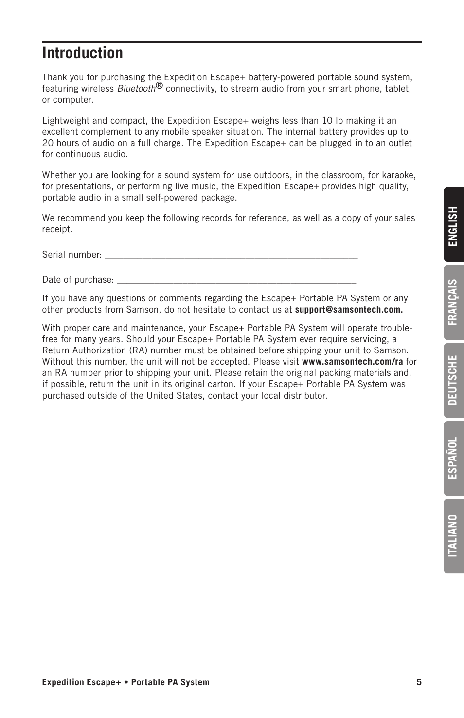 Introduction | Samson Expedition Escape+ 6" 2-Way 50W Portable PA System User Manual | Page 5 / 52