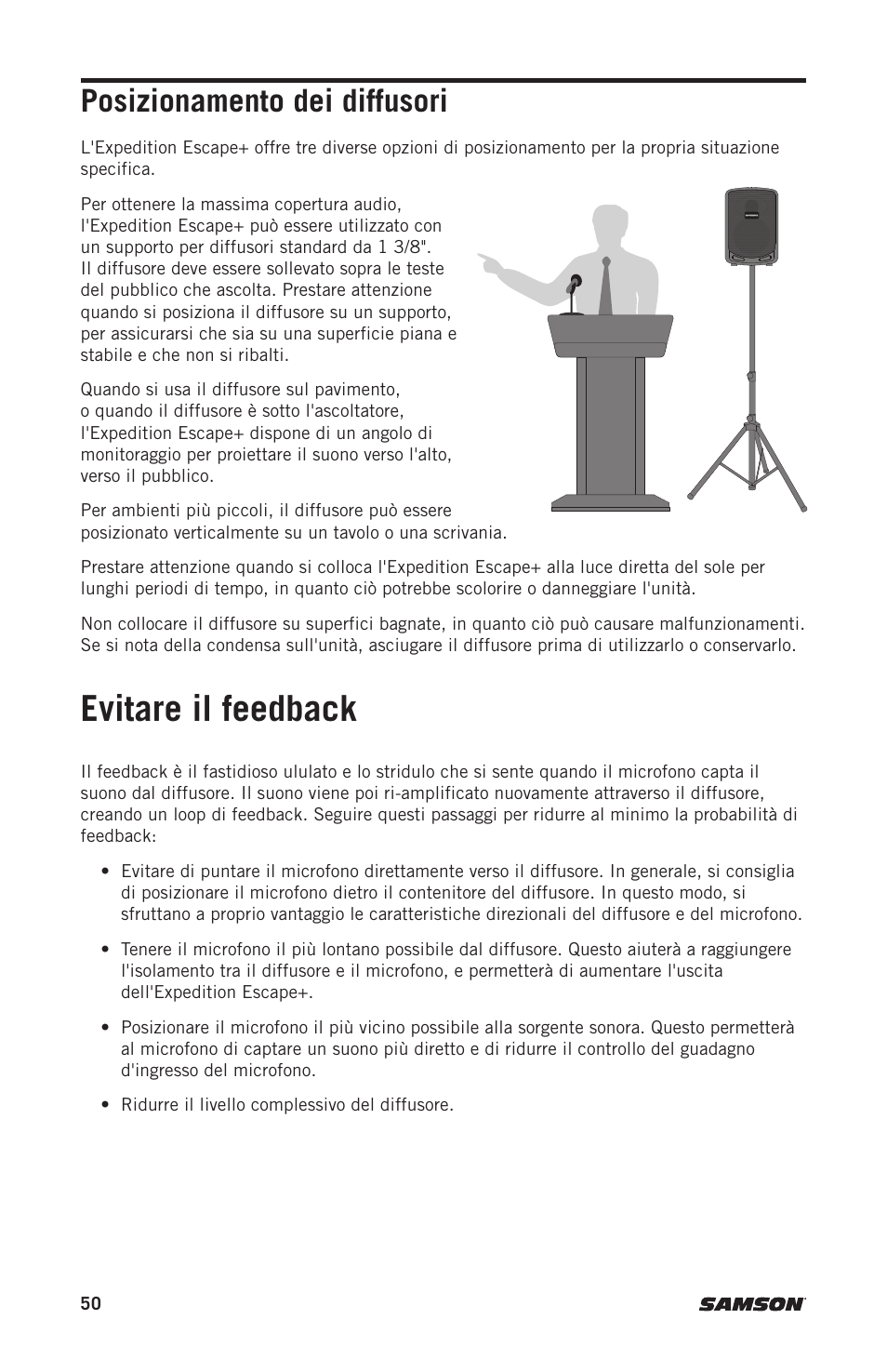 Evitare il feedback, Posizionamento dei diffusori | Samson Expedition Escape+ 6" 2-Way 50W Portable PA System User Manual | Page 50 / 52