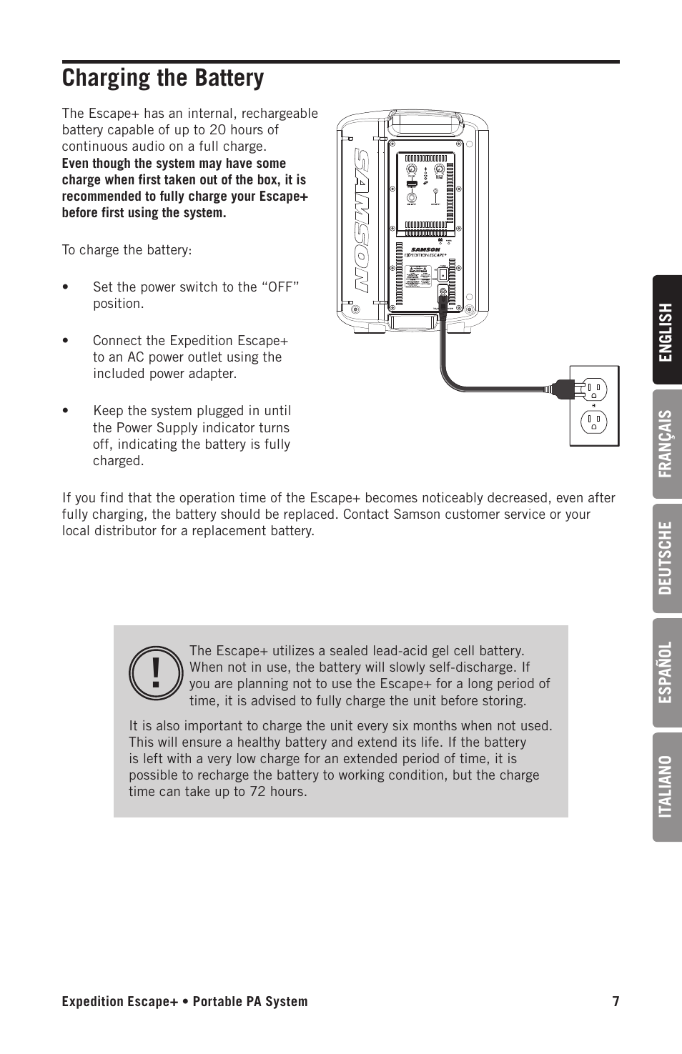 Charging the battery | Samson Expedition Escape+ 6" 2-Way 50W Portable PA System User Manual | Page 7 / 52