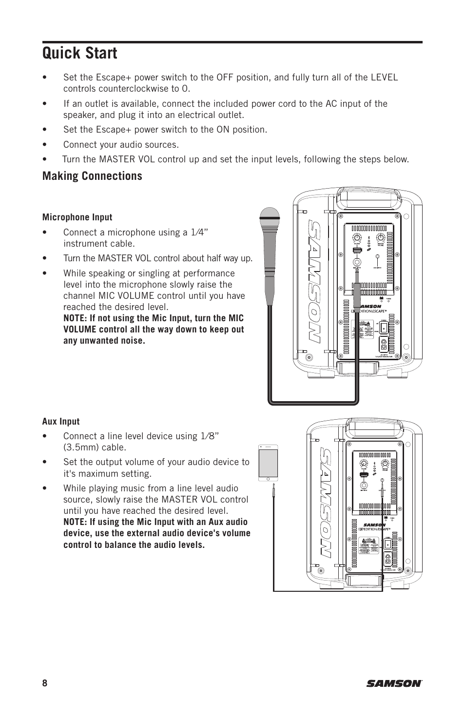 Quick start, Making connections | Samson Expedition Escape+ 6" 2-Way 50W Portable PA System User Manual | Page 8 / 52