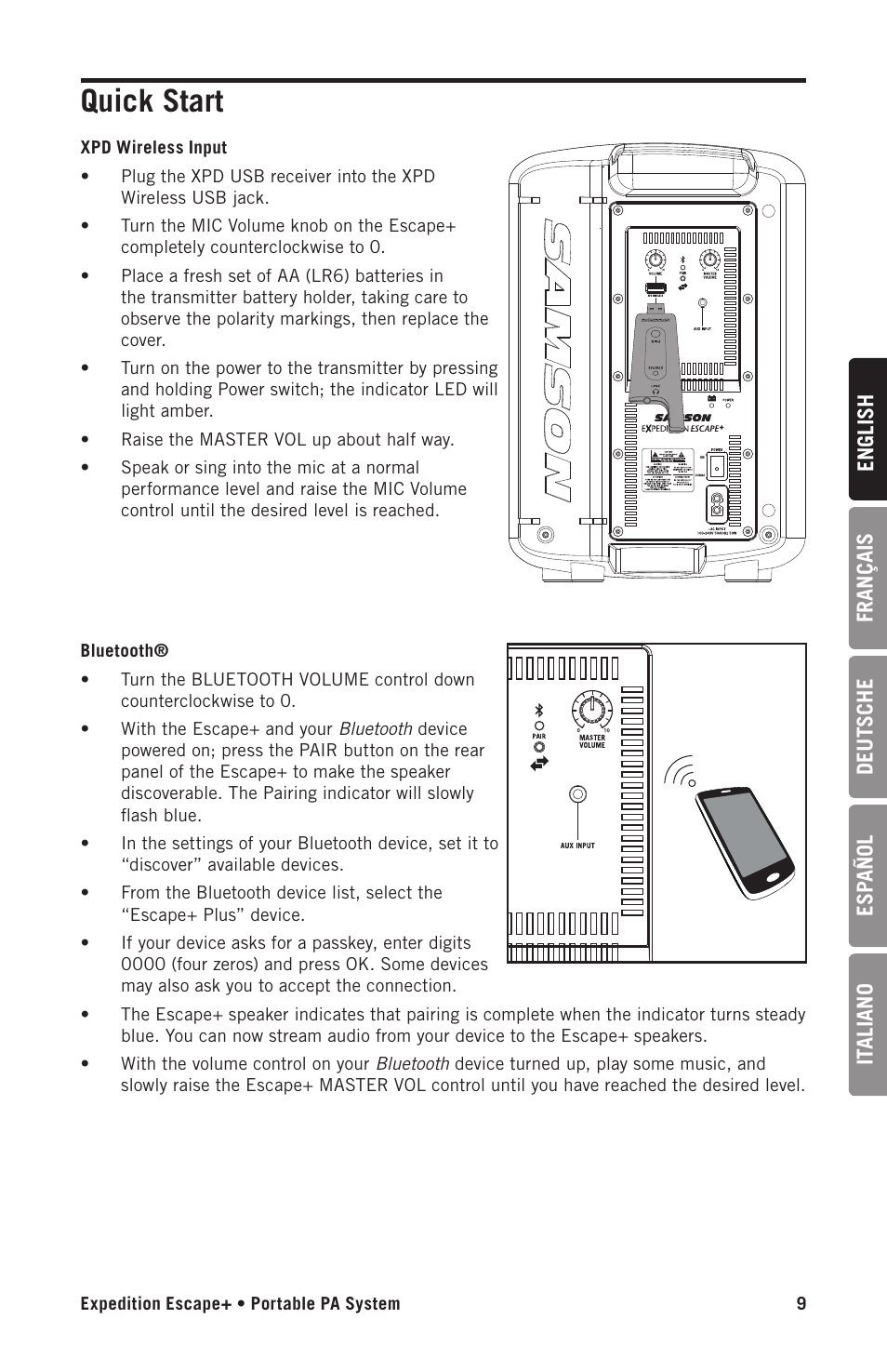 Quick start | Samson Expedition Escape+ 6" 2-Way 50W Portable PA System User Manual | Page 9 / 52