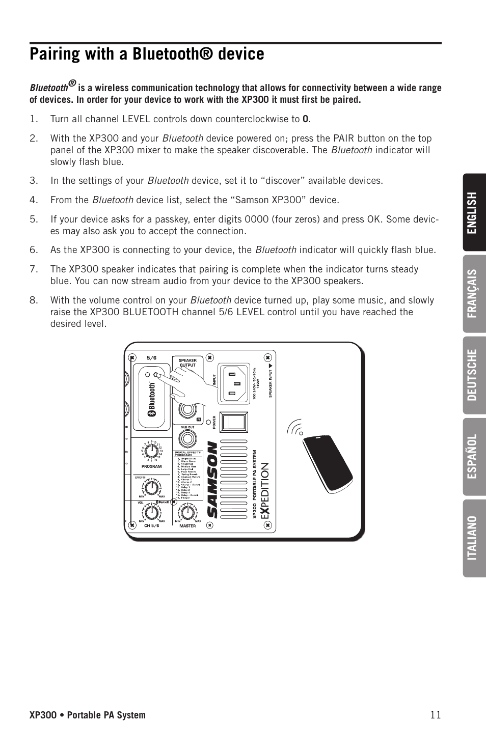 Pairing with a bluetooth® device | Samson Expedition XP300 6" 2-Way 300W All-in-One Portable Bluetooth-Enabled Stereo PA System User Manual | Page 11 / 72