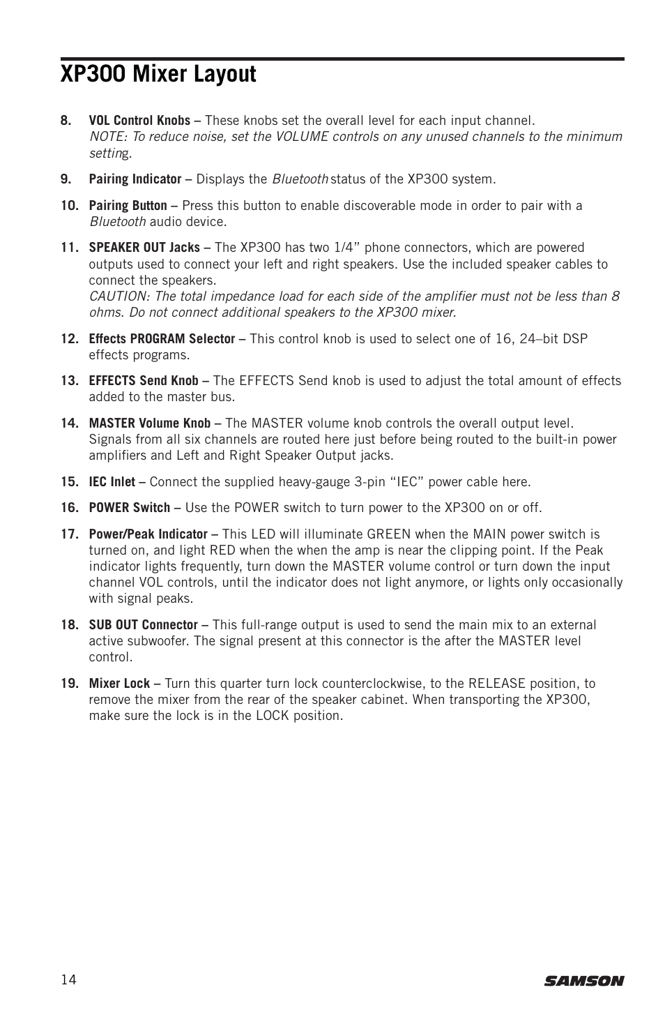 Xp300 mixer layout | Samson Expedition XP300 6" 2-Way 300W All-in-One Portable Bluetooth-Enabled Stereo PA System User Manual | Page 14 / 72