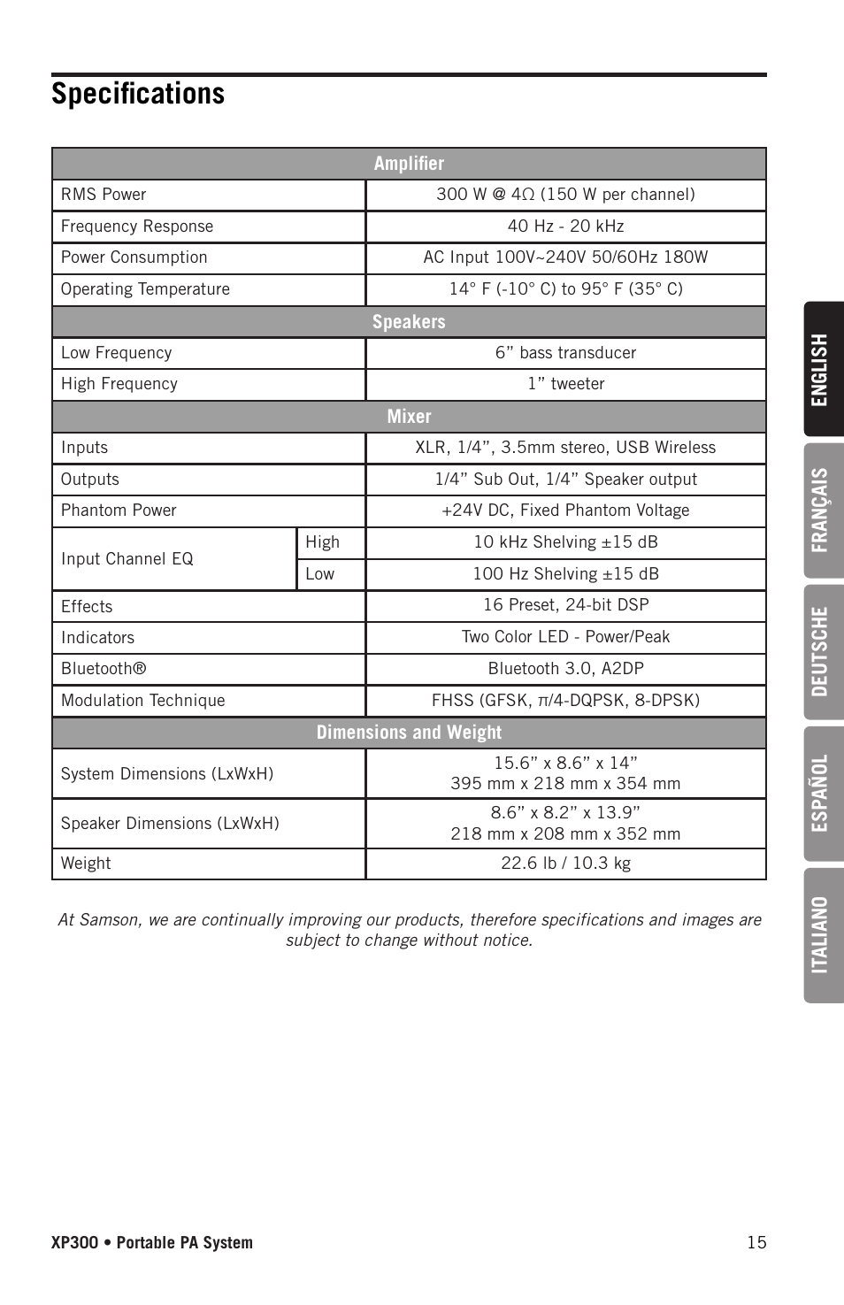 Specifications | Samson Expedition XP300 6" 2-Way 300W All-in-One Portable Bluetooth-Enabled Stereo PA System User Manual | Page 15 / 72