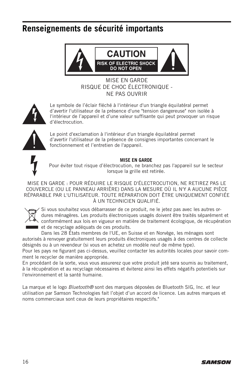 Renseignements de sécurité importants | Samson Expedition XP300 6" 2-Way 300W All-in-One Portable Bluetooth-Enabled Stereo PA System User Manual | Page 16 / 72