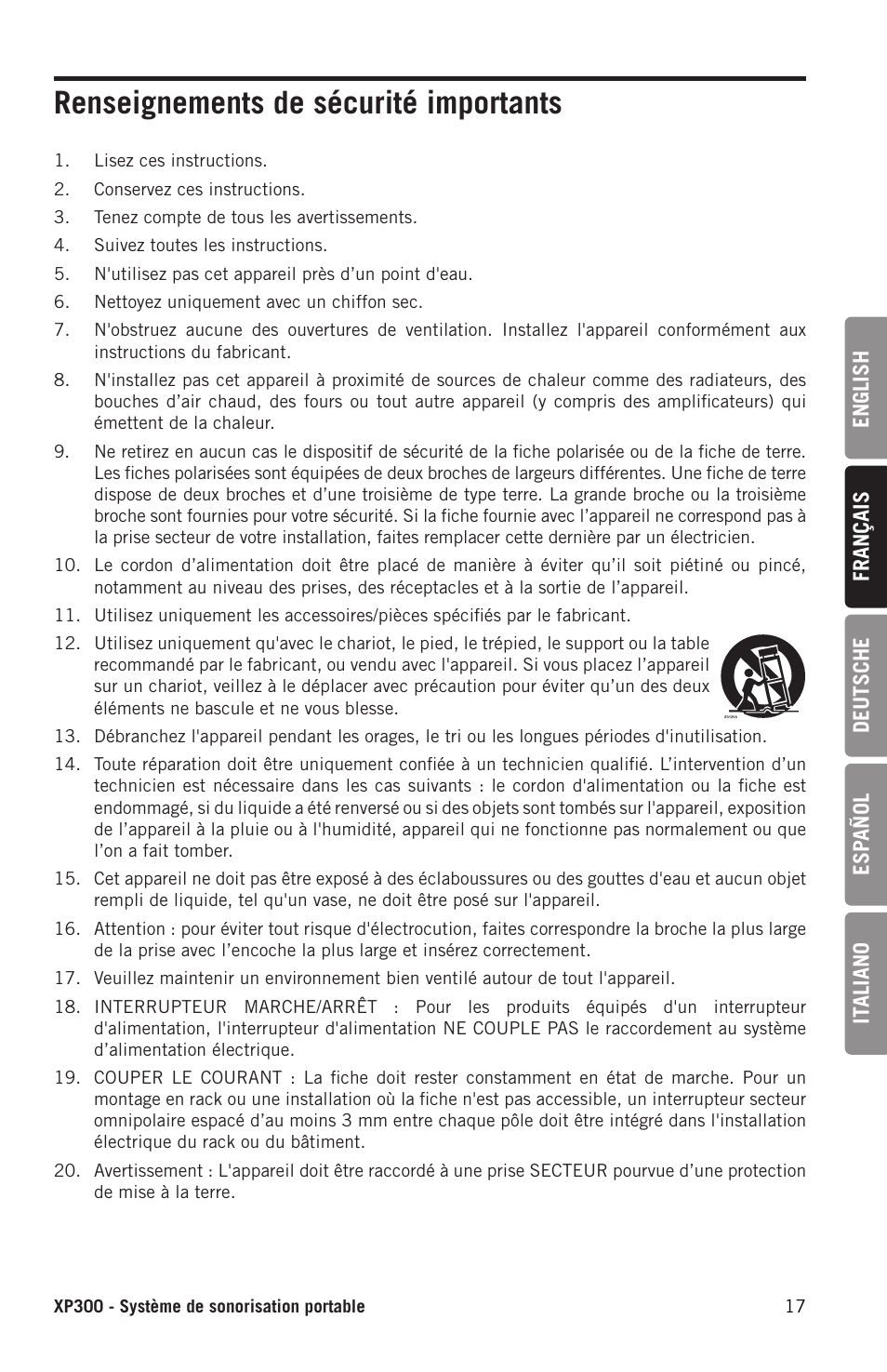 Renseignements de sécurité importants | Samson Expedition XP300 6" 2-Way 300W All-in-One Portable Bluetooth-Enabled Stereo PA System User Manual | Page 17 / 72