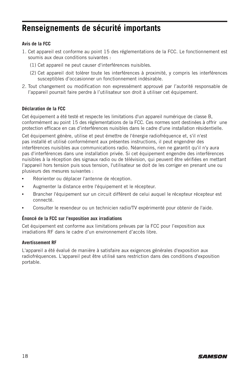 Renseignements de sécurité importants | Samson Expedition XP300 6" 2-Way 300W All-in-One Portable Bluetooth-Enabled Stereo PA System User Manual | Page 18 / 72