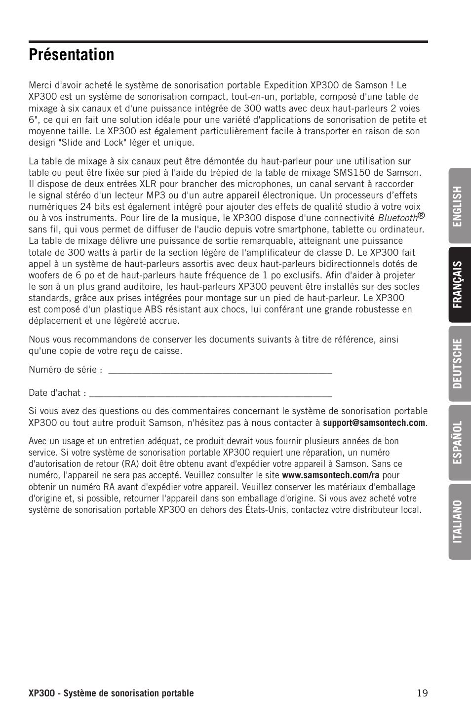 Présentation | Samson Expedition XP300 6" 2-Way 300W All-in-One Portable Bluetooth-Enabled Stereo PA System User Manual | Page 19 / 72