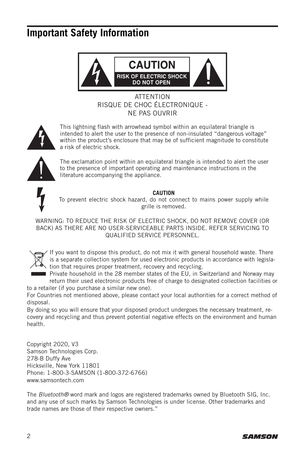 Important safety information | Samson Expedition XP300 6" 2-Way 300W All-in-One Portable Bluetooth-Enabled Stereo PA System User Manual | Page 2 / 72