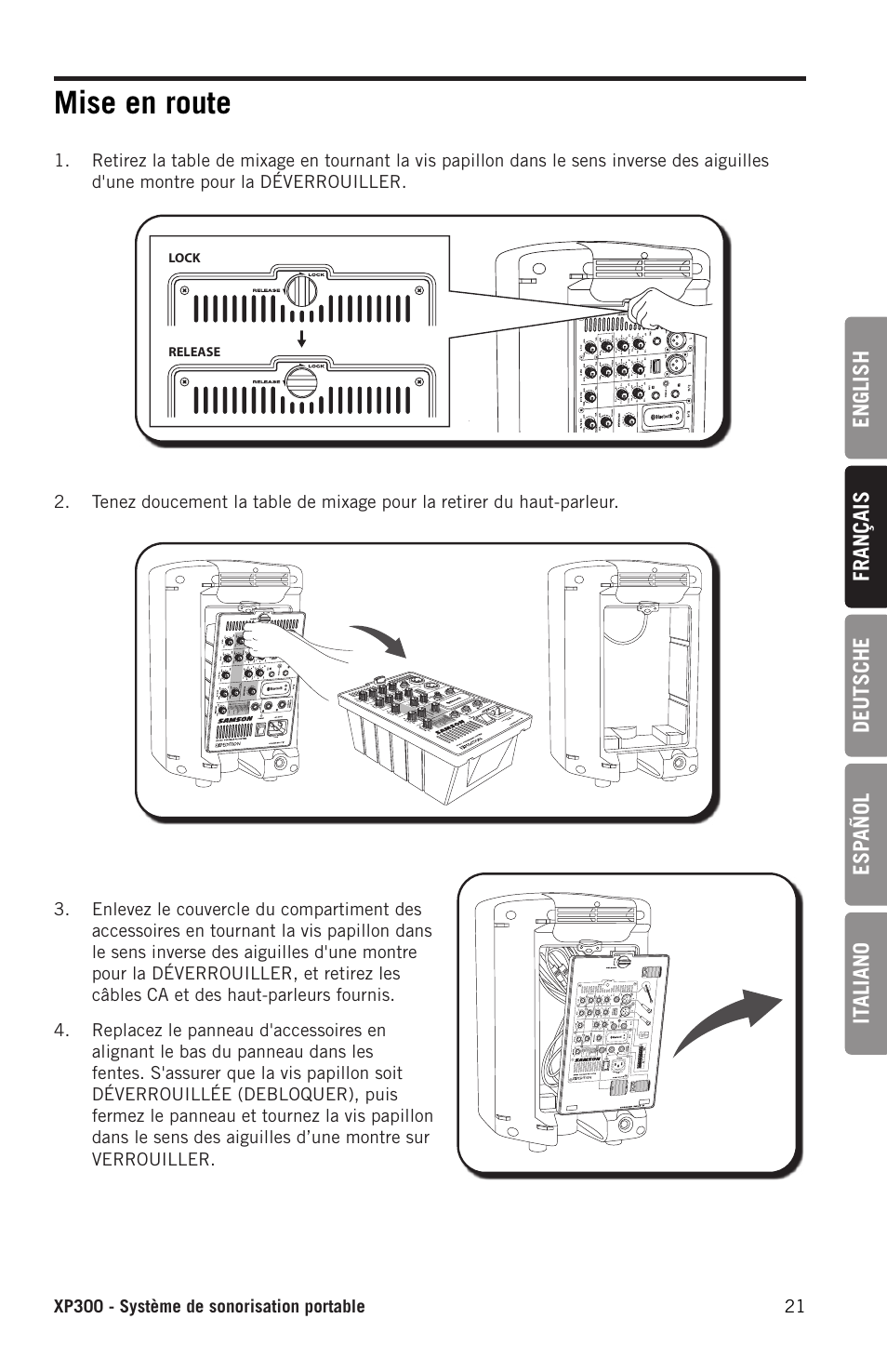 Mise en route | Samson Expedition XP300 6" 2-Way 300W All-in-One Portable Bluetooth-Enabled Stereo PA System User Manual | Page 21 / 72