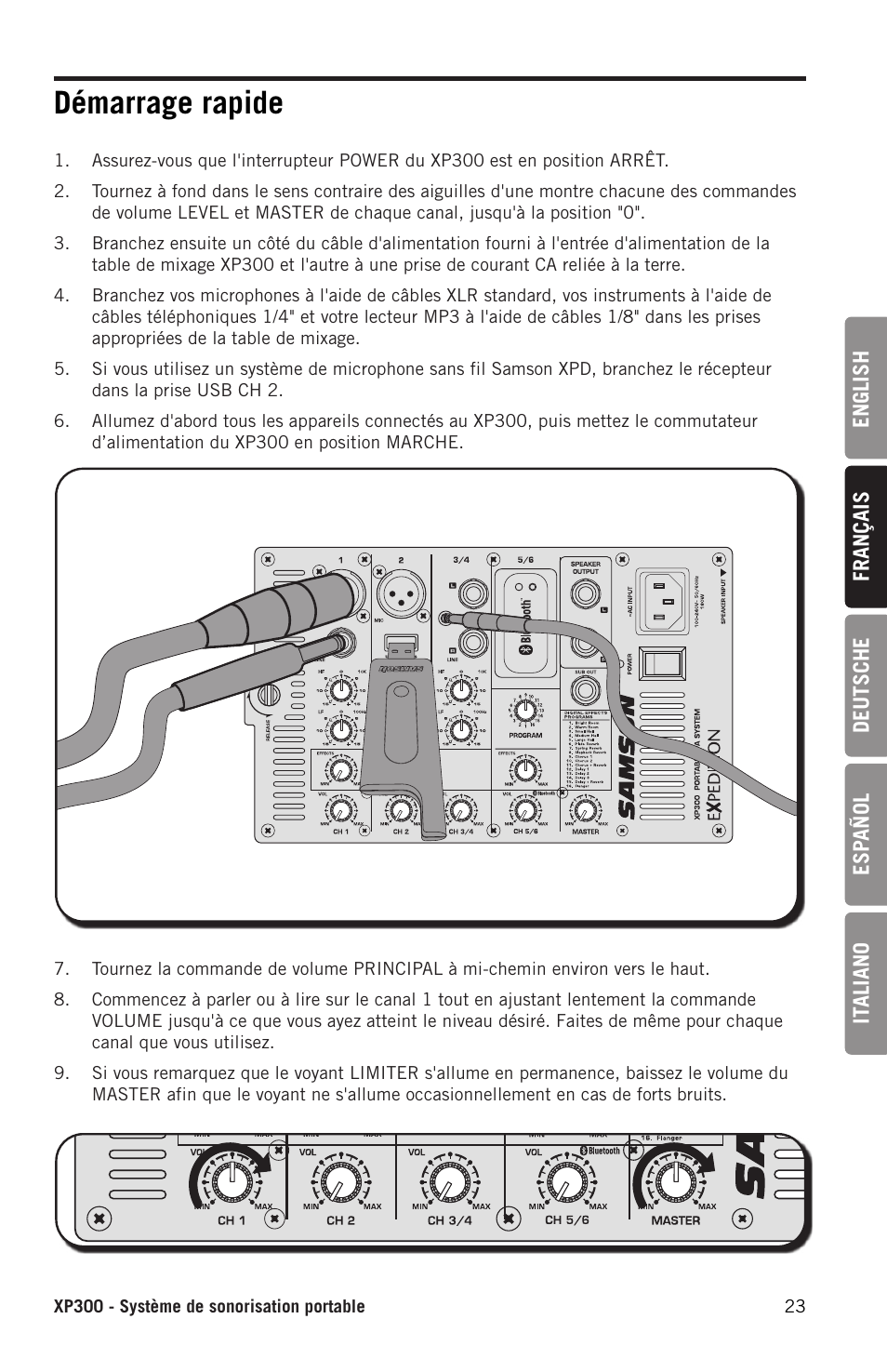 Démarrage rapide | Samson Expedition XP300 6" 2-Way 300W All-in-One Portable Bluetooth-Enabled Stereo PA System User Manual | Page 23 / 72