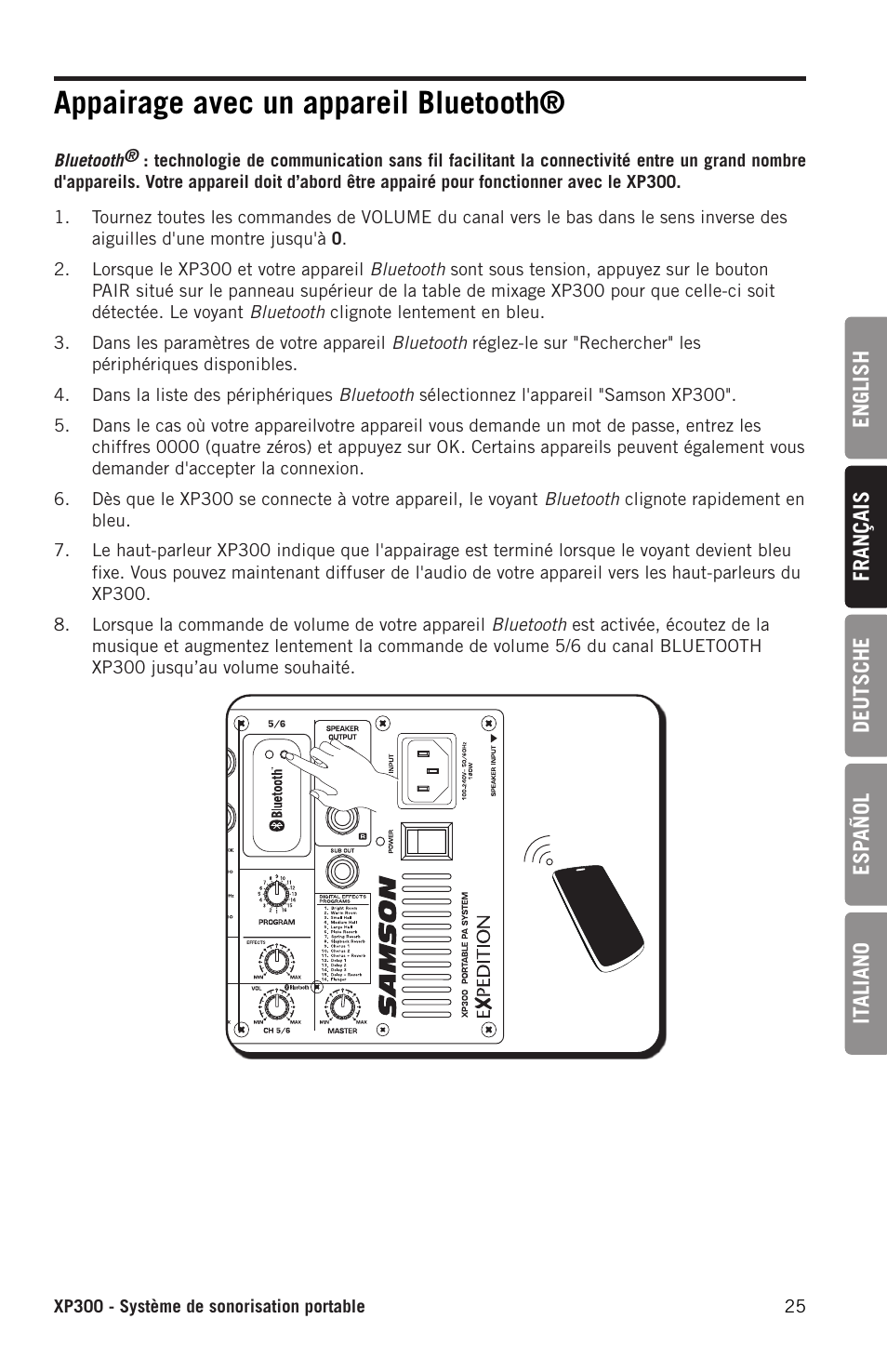 Appairage avec un appareil bluetooth | Samson Expedition XP300 6" 2-Way 300W All-in-One Portable Bluetooth-Enabled Stereo PA System User Manual | Page 25 / 72