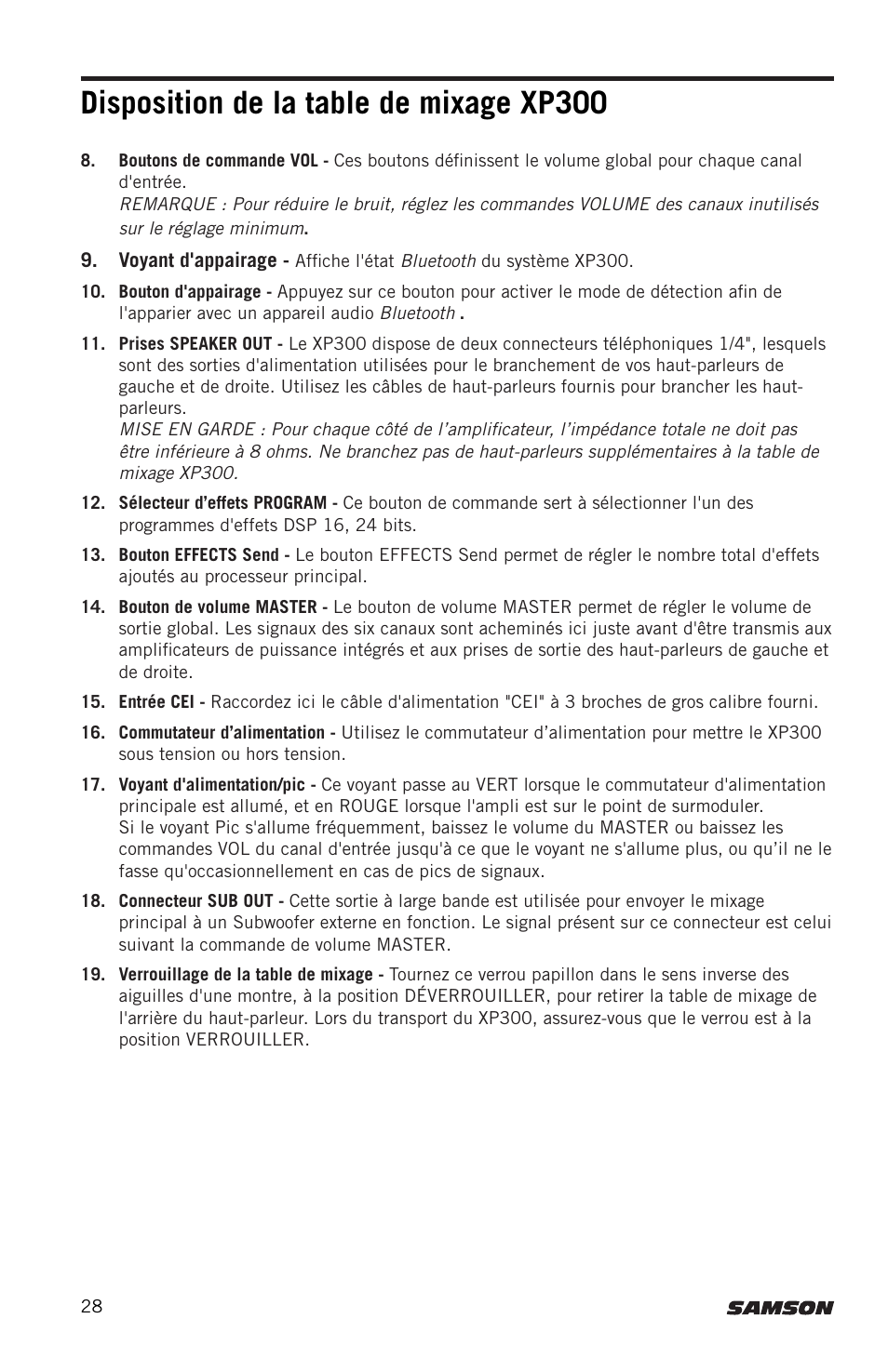 Disposition de la table de mixage xp300 | Samson Expedition XP300 6" 2-Way 300W All-in-One Portable Bluetooth-Enabled Stereo PA System User Manual | Page 28 / 72