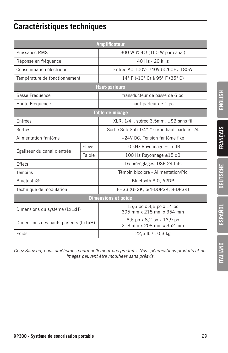 Caractéristiques techniques | Samson Expedition XP300 6" 2-Way 300W All-in-One Portable Bluetooth-Enabled Stereo PA System User Manual | Page 29 / 72