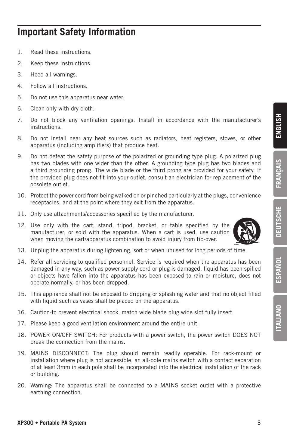 Important safety information | Samson Expedition XP300 6" 2-Way 300W All-in-One Portable Bluetooth-Enabled Stereo PA System User Manual | Page 3 / 72