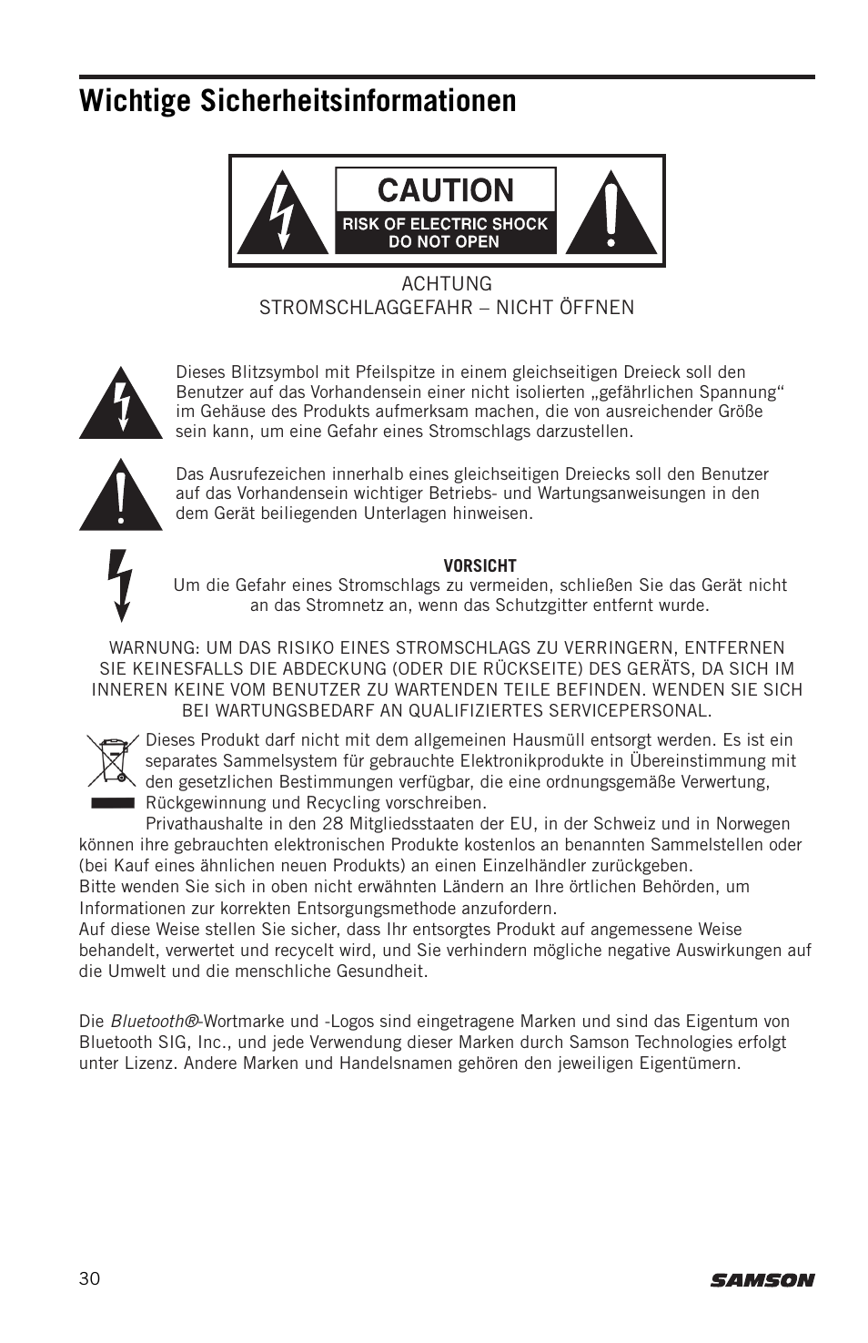 Wichtige sicherheitsinformationen | Samson Expedition XP300 6" 2-Way 300W All-in-One Portable Bluetooth-Enabled Stereo PA System User Manual | Page 30 / 72
