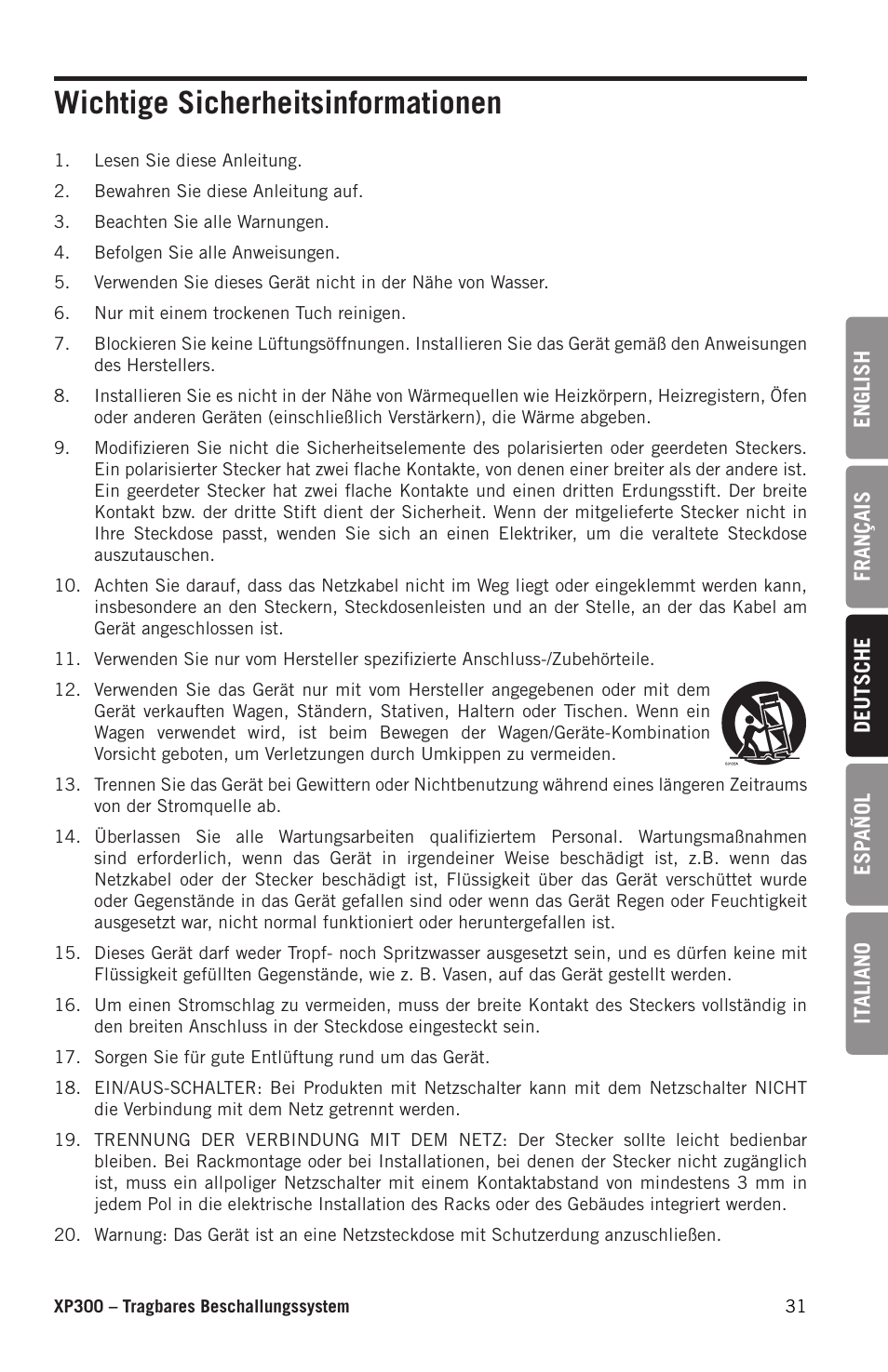 Wichtige sicherheitsinformationen | Samson Expedition XP300 6" 2-Way 300W All-in-One Portable Bluetooth-Enabled Stereo PA System User Manual | Page 31 / 72