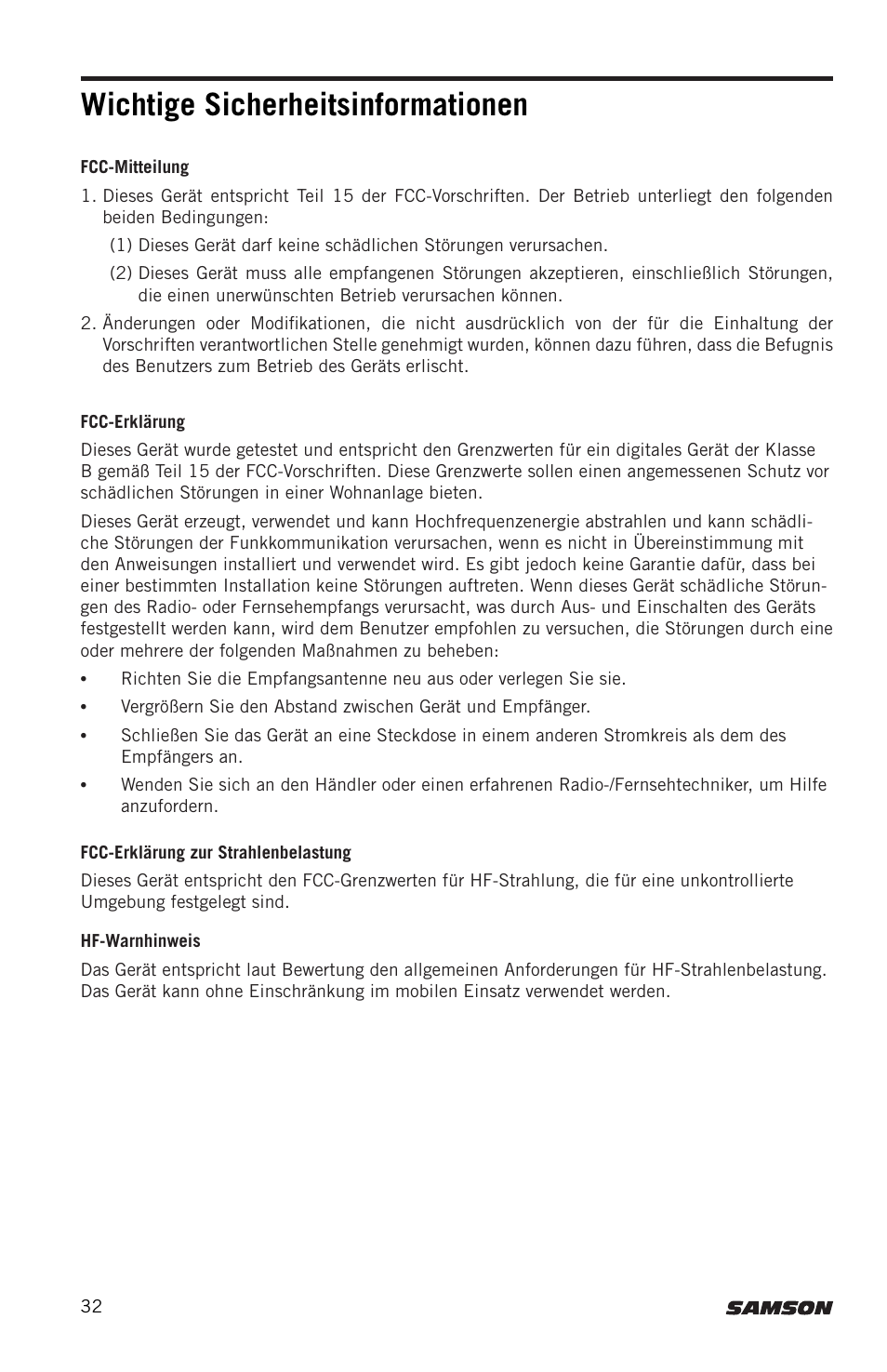 Wichtige sicherheitsinformationen | Samson Expedition XP300 6" 2-Way 300W All-in-One Portable Bluetooth-Enabled Stereo PA System User Manual | Page 32 / 72