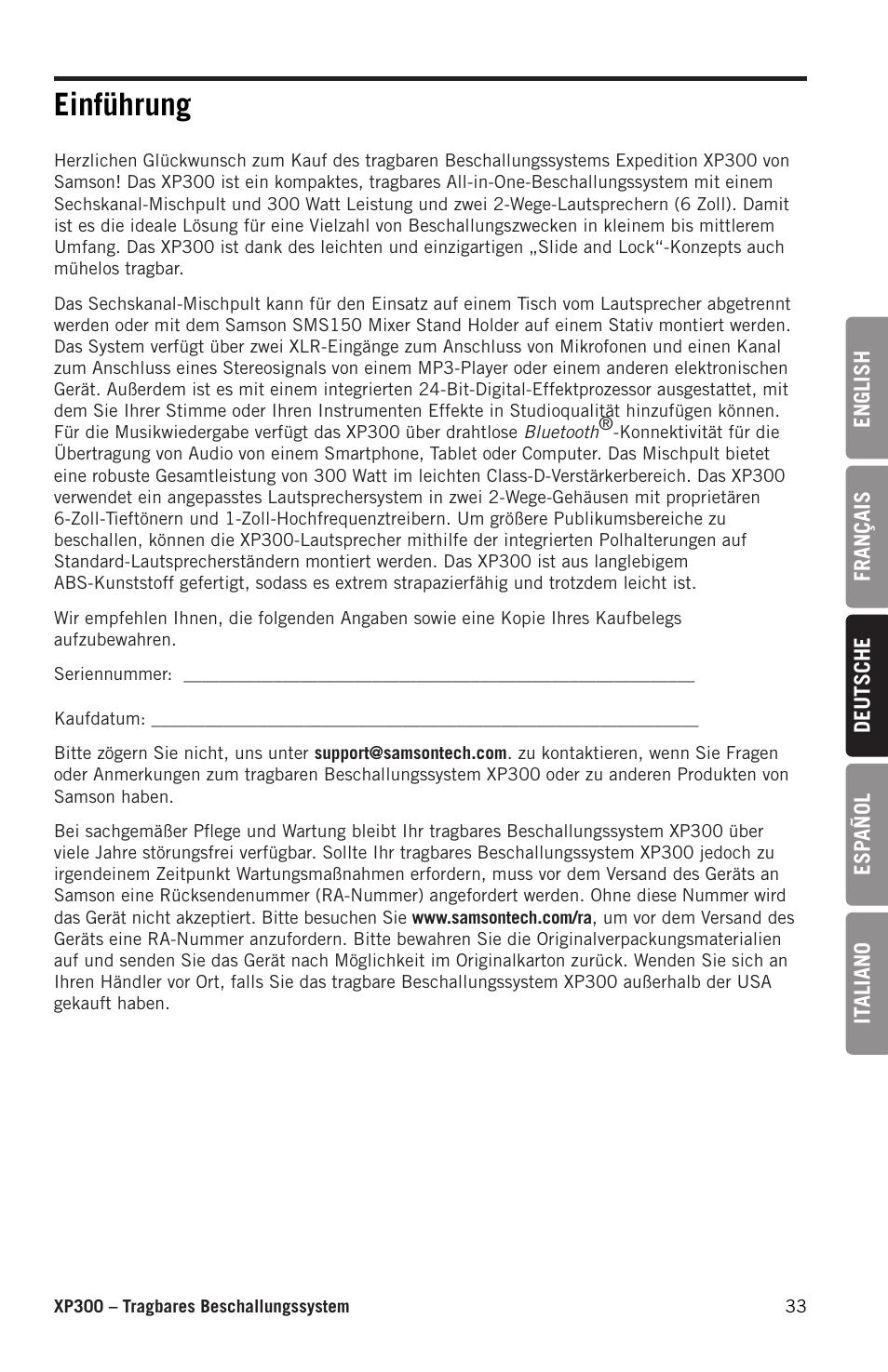 Einführung | Samson Expedition XP300 6" 2-Way 300W All-in-One Portable Bluetooth-Enabled Stereo PA System User Manual | Page 33 / 72