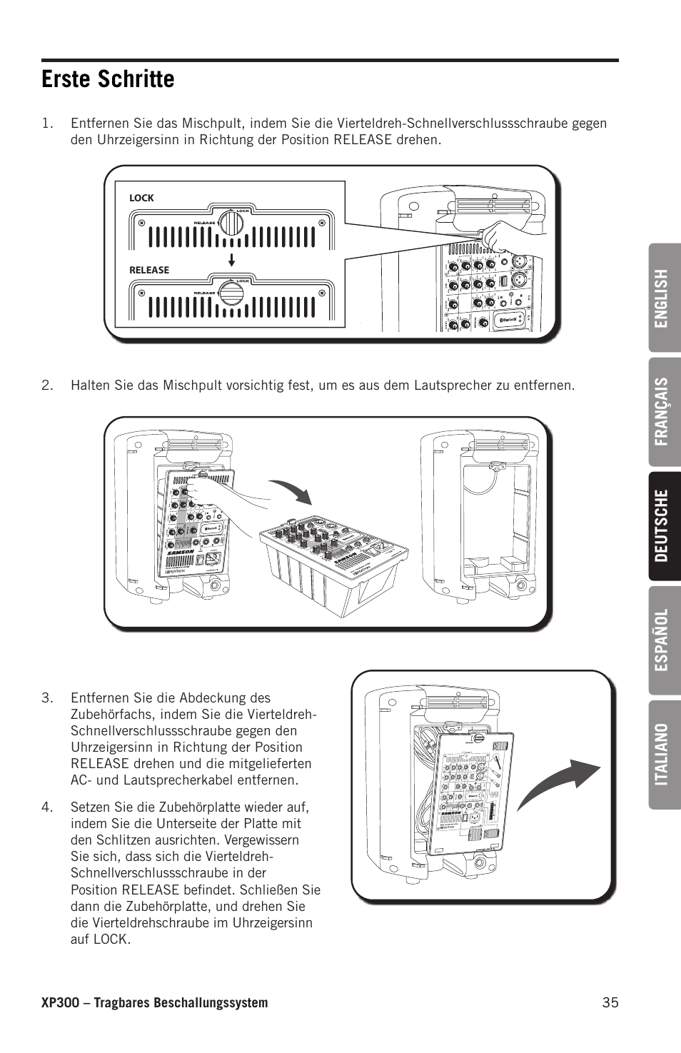 Erste schritte | Samson Expedition XP300 6" 2-Way 300W All-in-One Portable Bluetooth-Enabled Stereo PA System User Manual | Page 35 / 72