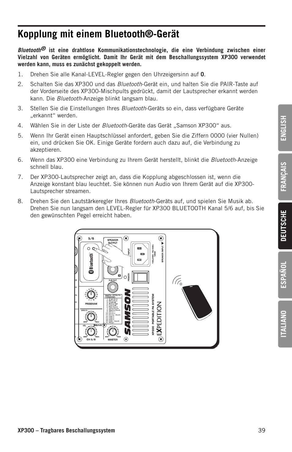 Kopplung mit einem bluetooth®-gerät | Samson Expedition XP300 6" 2-Way 300W All-in-One Portable Bluetooth-Enabled Stereo PA System User Manual | Page 39 / 72